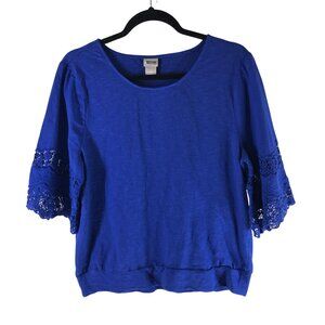 Chicos Womens Blue Crochet Sleeve Pullover Top Size 2 US L Cotton/Modal Blend
